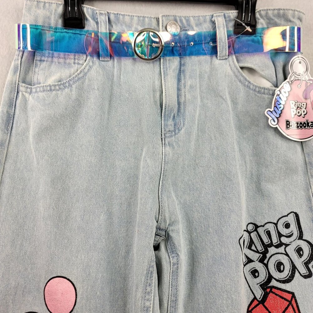 Justice Girls Bazooka Ring Pop Graphic Baggy Jeans Holographic Belt Size 10 NEW - Picture 3 of 9